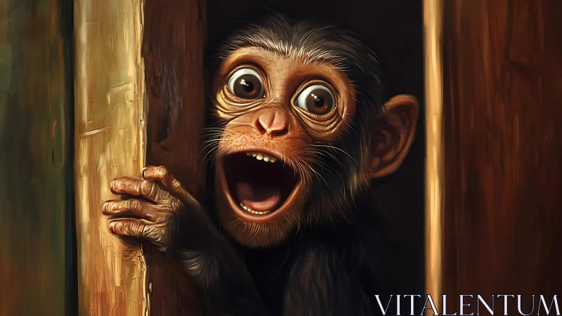 Wide-Eyed Surprise Chimp Peeking Through Wooden Doorway.