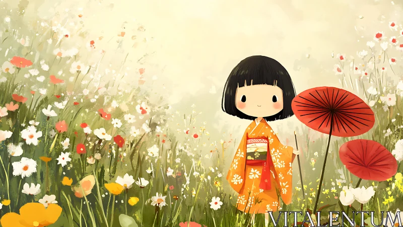 Child in patterned kimono stands among stylized flower field