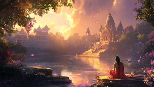 Sunlit riverside temple of calm reflection and quiet wonder.