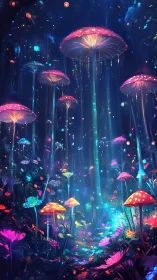 Bioluminescent mushroom forest drifts through midnight starlight.