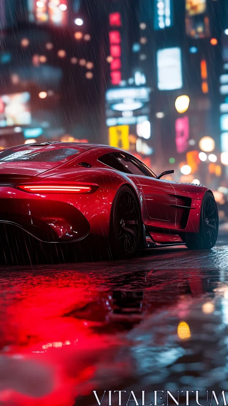 Red sports car at night in neon lit rainy city street.