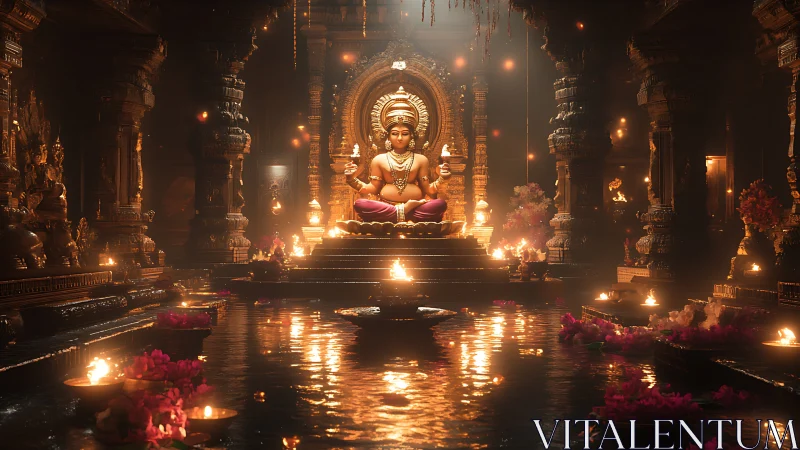 Luminous Hindu temple interior renders Ganesha amid volumetric firelight