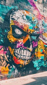 Explosive neon skull graffiti blazing across city wall.