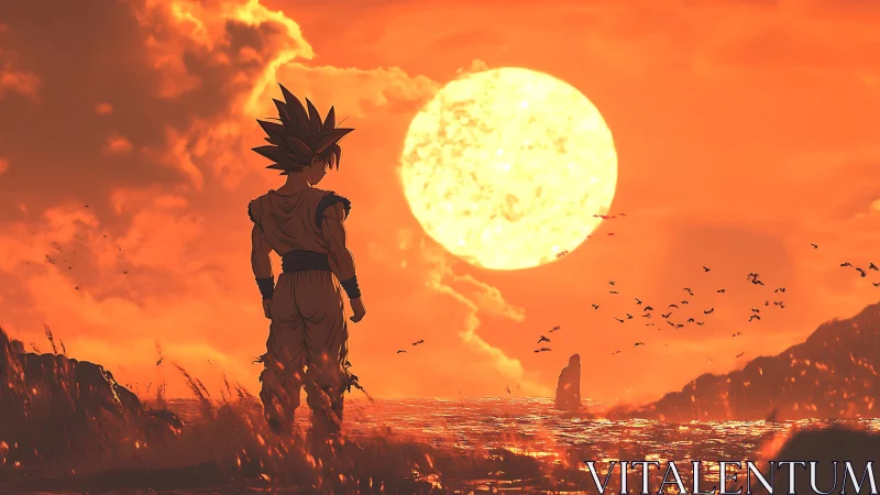 Lone warrior meets burning ocean sunset horizon glow.