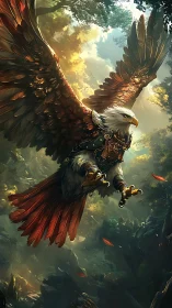 Armored raptor eagle descending through sunlit forest canopy
