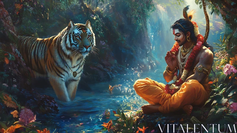 Tiger and meditating prince trade silent vows by jungle river