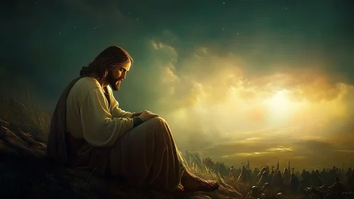 Contemplative robed figure in dawnlit landscape, soft glow.