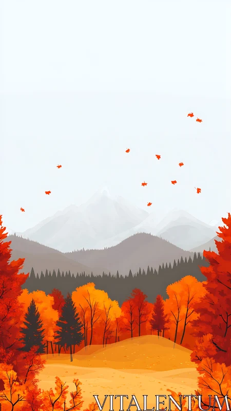 Minimalist autumn valley illustration with layered mountain silhouettes