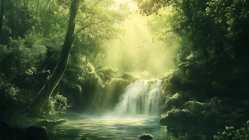 Sunlit forest waterfall cradled in emerald misted stillness.