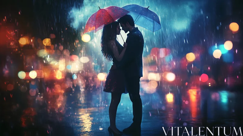 Silhouetted Couple Under Umbrella: Urban Rain Scene with Bokeh