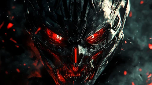 Infernal cybernetic skull with molten red eye cores.