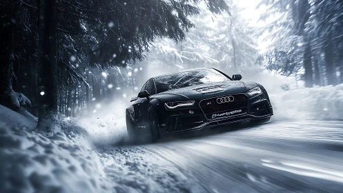Snowstorm sprint: midnight Audi carving frozen forest roads.