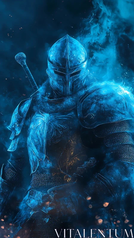 Armored spectral knight emerges through cyan ethereal flames