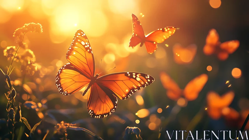 Golden sunset butterflies drifting through glowing garden.