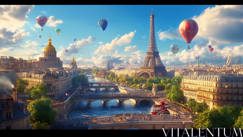 Sunlit Paris skyline welcomes hot air balloons at golden hour