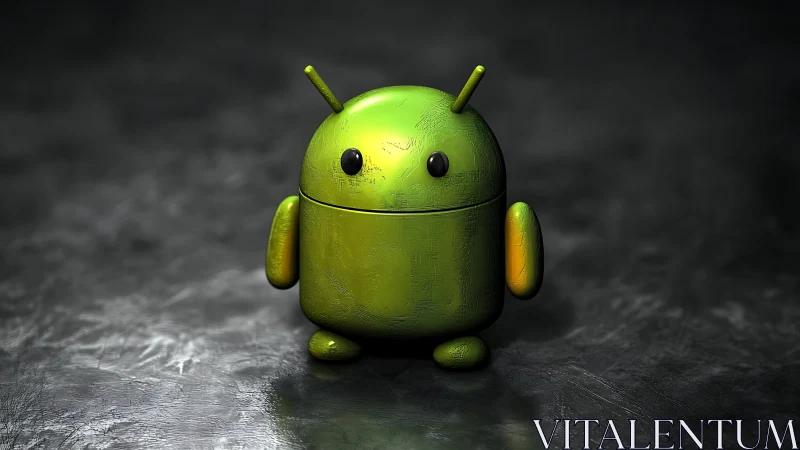 Playful green robot mascot stands on a moody metal surface