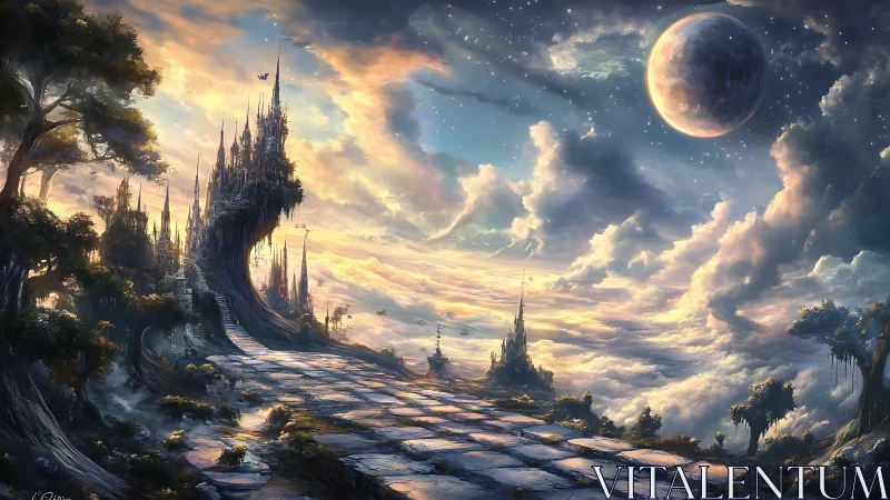 Skyborne citadel crowns luminous cloudscape at dusk.