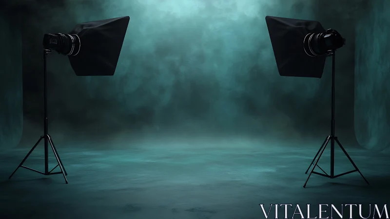 Studio softbox lights stand in empty teal photographic space