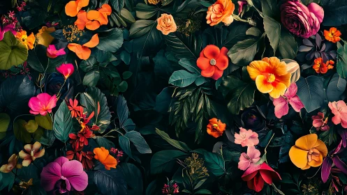 Dense Tropical Floral Composition with Warm Tonal Palette and Dark Foliage.