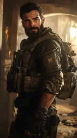 Battle-hardened soldier in molten alleyway light stands vigilant.