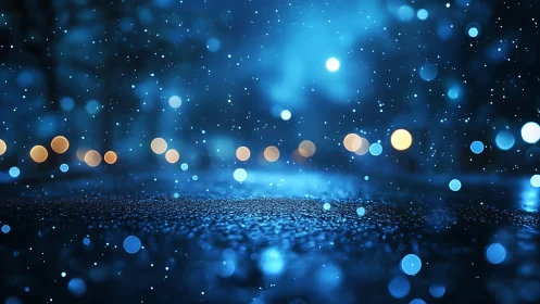 Blue night street surface with bokeh lights and particles.