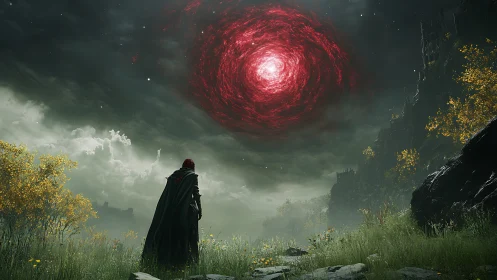 Cloaked figure observing red vortex in overcast sky.