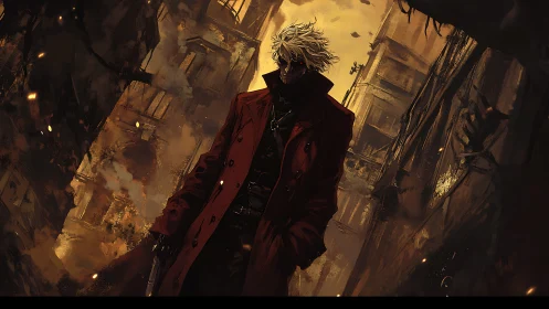 Trench‑coated antihero in burning dystopian alleyway scene.