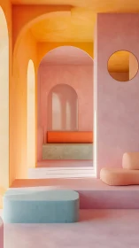 Minimal geometric corridor with warm orange and cool blue accents.