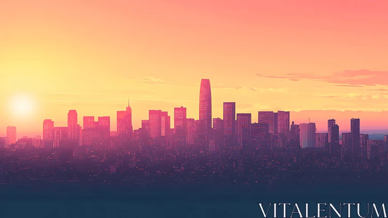 Neon-lit city skyline glows under vivid pastel sunset sky