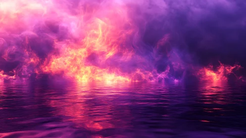 Volumetric Fire Plume Above Reflective Water Surface with Chromatic Gradients