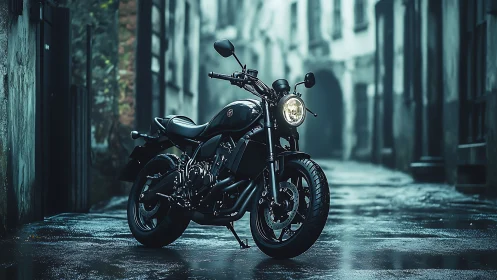 Photorealistic cafe racer motorcycle in misty urban alleyway.