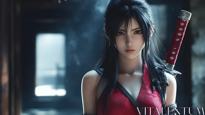 Midnight-eyed katana heroine in ruined corridor light.