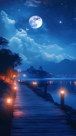 Moonlit lakeside boardwalk with distant illuminated town