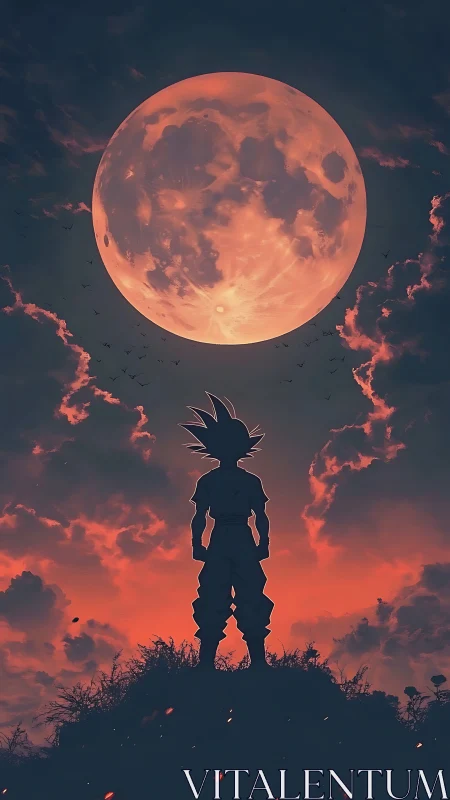 Lone anime hero gazing up at a glowing red moon.