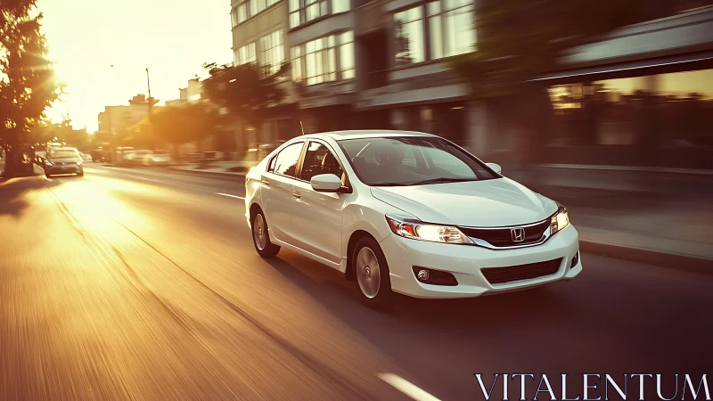 Sunlit city streets turn this white sedan into a swift comet