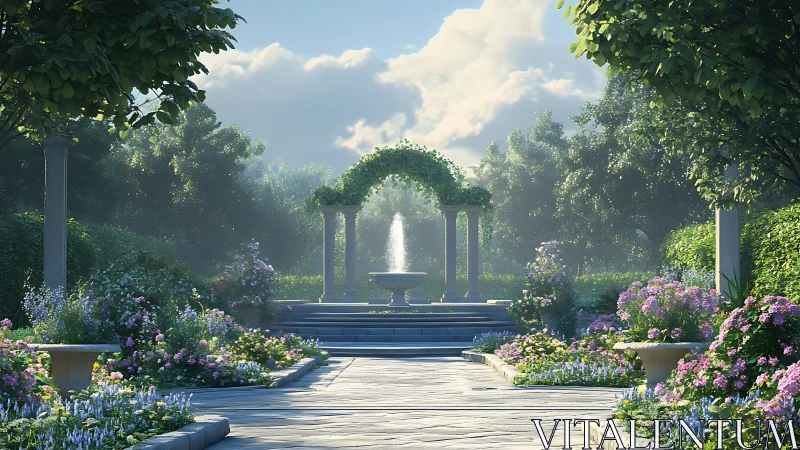 Sunlit fountain court where garden daydreams linger long.