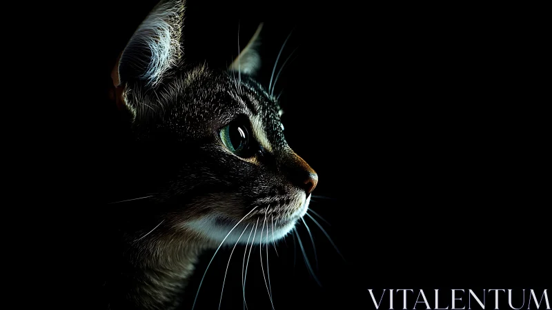 Tabby Cat Portrait with High Contrast Rim Lighting Against Deep Black