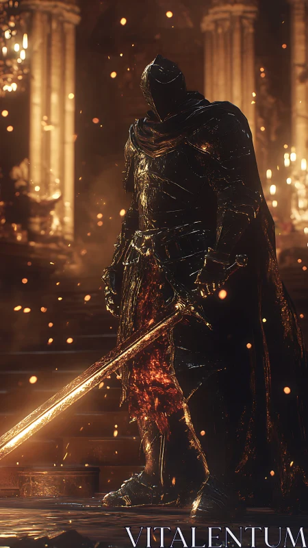 Firelit black knight stands guard with blazing sword.