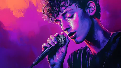 Neon-lit singer in vivid purple and orange concert glow.