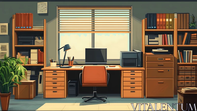 Digital illustration depicts organized office workstation layout