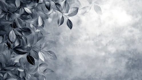 Monochrome foliage frames a textured, light background space