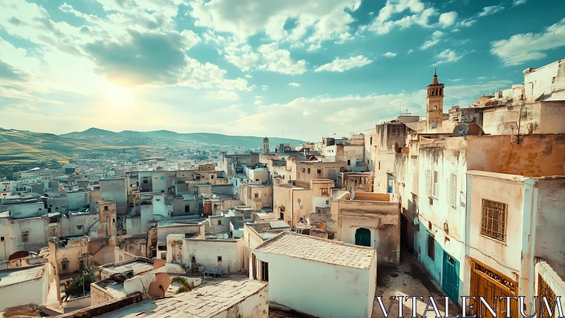 Sunlit hillside cityscape glows under a soft turquoise sky