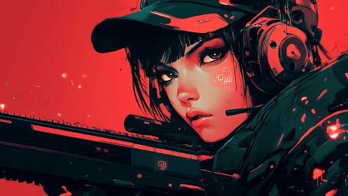 Cybernetic sniper portrait isolates subject in neon red