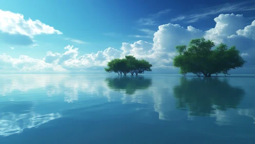 Calm Water Reflects Two Trees Under Cloudy Sky