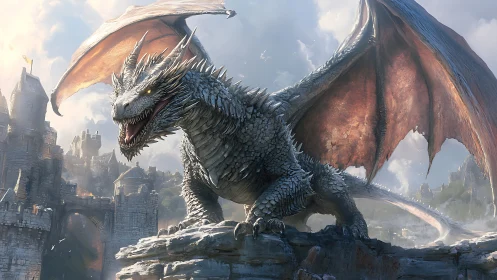 Armored dragon dominates ruined stone fortress at sunrise