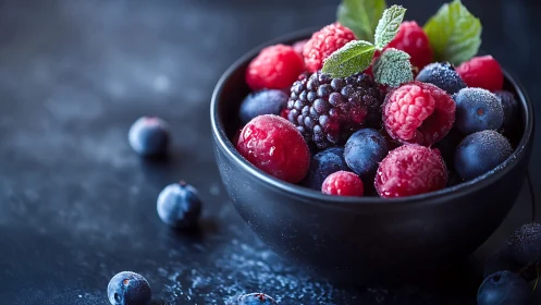 Frost-kissed berry medley glowing in a midnight-black bowl.