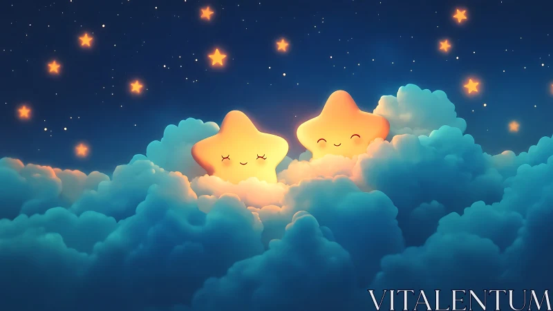 Sleepy cloudbound star friends trade smiles in midnight sky