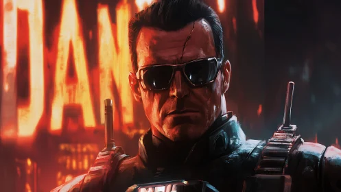 Cybernetic enforcer portrait in neon red defensive armor.