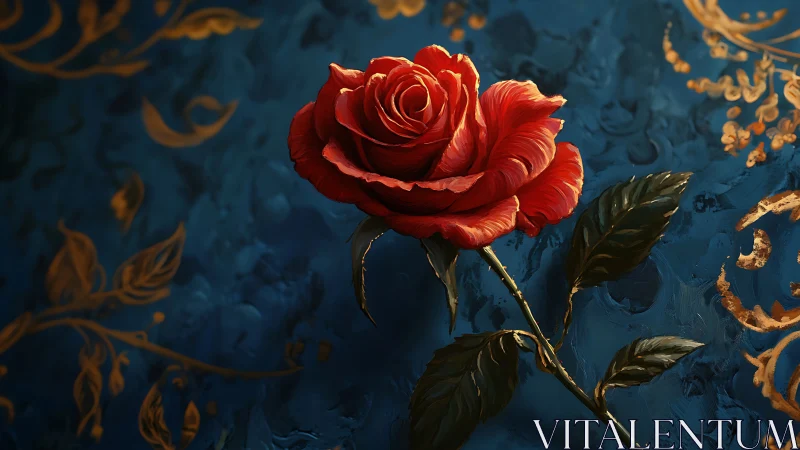 Crimson rose suspended over ornate blue and gold ground.