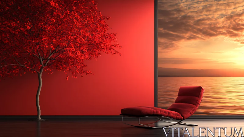 Minimalist red lounge with sunset vista and accent tree wall.
